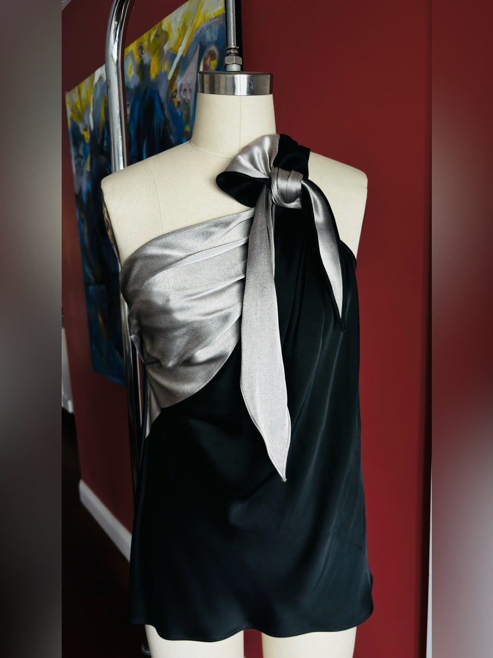 NWT - Helmut Lang Black and Silver One-Shoulder Draped Tie Top